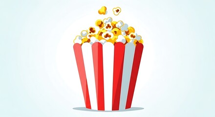A red and white striped popcorn bucket filled with freshly popped popcorn kernels on a light blue background
