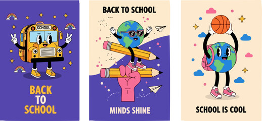 Fototapeta premium Back to School retro cartoon vector collection. Includes a school bus, Earth character with pencils, and Earth character with basketball. Created in a vintage cartoon style with purple, beige