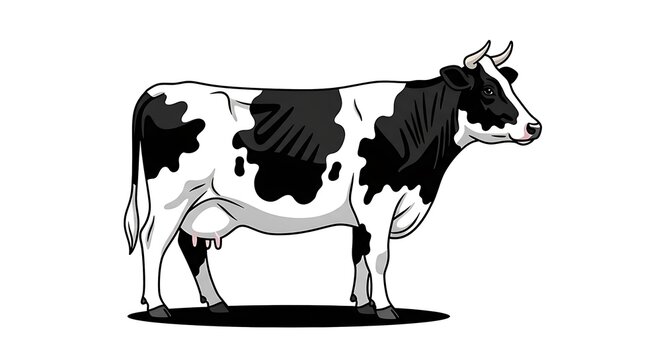 A black and white illustration of a cow standing on a plain background