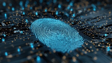 A glowing blue fingerprint embedded within a complex circuit board, symbolizing digital security and biometric authentication