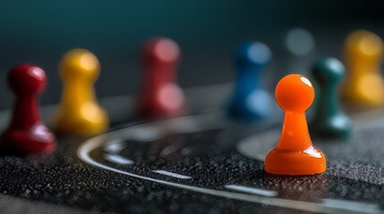 Orange game piece leads competitors down a winding path