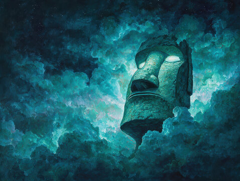 A surrealistic scene features a floating, intricately detailed moai head illuminated against a dark backdrop The head floats among elongated, wave-like clouds, suggestive of an underwo - AI-Generated