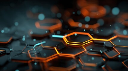 Glowing orange and teal hexagonal network pattern, abstract digital background