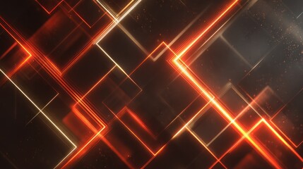 Glowing orange and white lines intersect, forming geometric shapes on a dark background with subtle particles