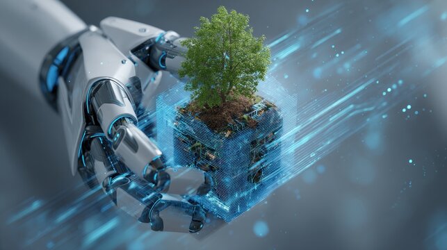Robotic hand gently holding a miniature, vibrant ecosystem within a translucent cube