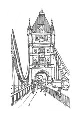 Obraz premium Sketch of Tower Bridge in London. Architecture sketch illustration. Hand drawn sketch of London city, UK. Sketch in black color on white background. Freehand drawing. Hand drawn travel postcard.