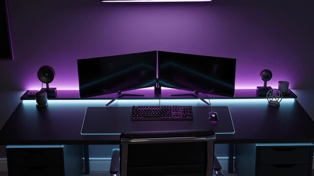 modern gaming setup with dual monitors and neon purple lighting in a dark room