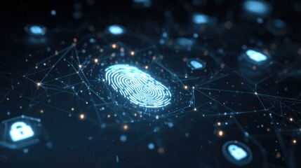 Glowing fingerprint in digital network, showcasing biometric security