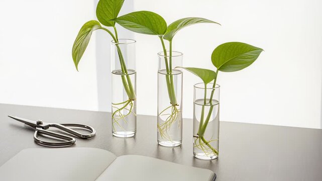 peaceful botanical workspace with young plants in glass vases and open notebook