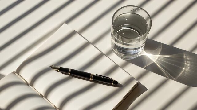 fountain pen and glass of water casting shadows on open notebook in sunlight