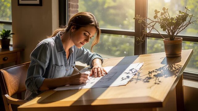 young woman architect sketching designs in sunlit studio with natural inspirations