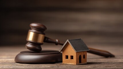 Gavel and miniature house on wooden surface; foreclosure concept