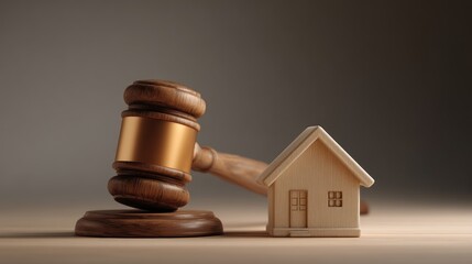 Wooden gavel beside miniature house, symbolizing property law or foreclosure