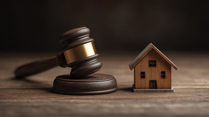 Gavel and miniature house on wood, symbolizing legal issues in real estate