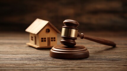 Wooden gavel and miniature house on rustic surface; symbolizes legal matters concerning property