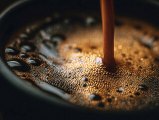 Fototapeta premium Close-up of freshly brewed espresso in a ceramic cup, with visible crema and bubbles, under muted, moody lighting, minimal composition, professional coffee craftsmanship, deep brown, bl - AI-Generated