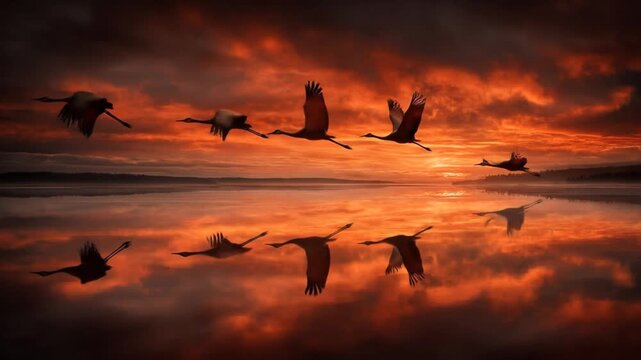 Majestic silhouette of cranes flying across a dramatic fiery orange sunset sky, reflected perfectly on still water during migration.