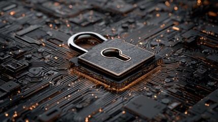 Cyber security; a padlock rests on a circuit board, symbolizing digital protection