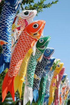 Colorful koinobori carp flgs during kodomo no hi (Chldren's Day) national holiay in Japan