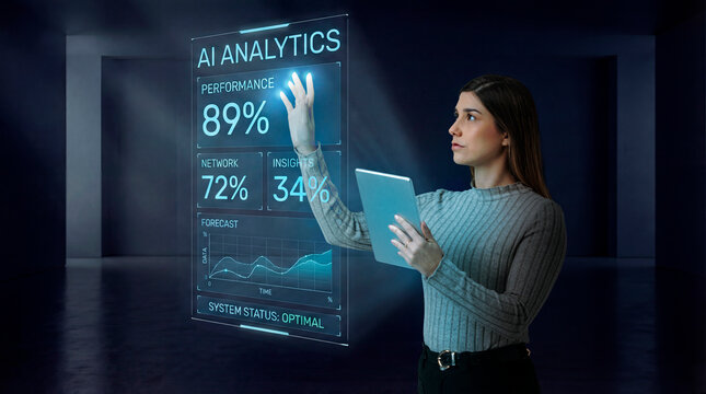 Woman analyzing AI performance dashboard on transparent screen