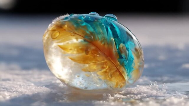 Vibrant blue and orange feather encapsulated in a clear ice orb, sparkling with water droplets on fresh white snow, winter beauty