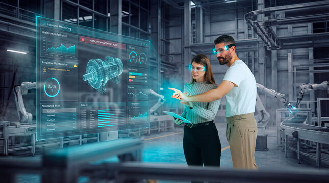 Engineers monitoring predictive maintenance system in automated factory