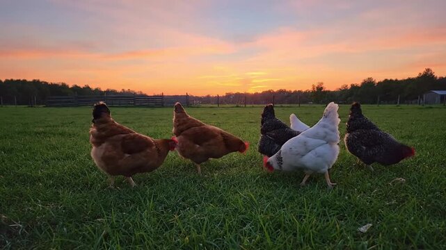 A group of six chickens foraging on green grass during sunset. The scene features a mix of brown, black, and white chickens against a colorful sky.