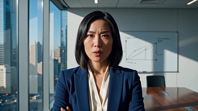 Serious asian businesswoman with crossed arms making a direct statement in a modern office with city view for business leadership concept and executive determination
