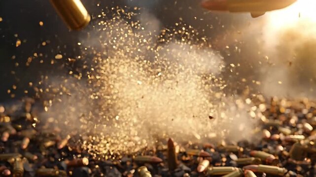 Exploding bullets in a dynamic display of force, with a blurred background and golden light.