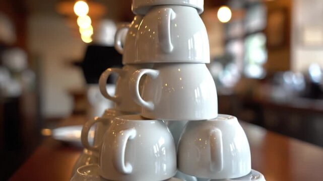 A stack of white coffee cups on a wooden table in a cozy cafe setting viewed from a close-up perspective