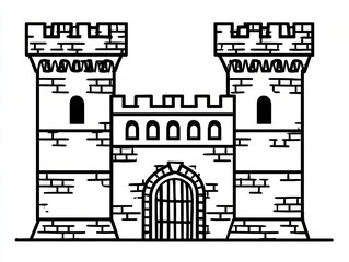 Naklejka premium Line art black and white castle icon, featuring battlements, towers, and three arched windows Angled perspective, suggesting depth and 3D effect Depicts medieval gatehouse architectur - AI-Generated