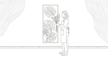 Woman florist arranging tropical leaves artwork on wall, minimalist line art