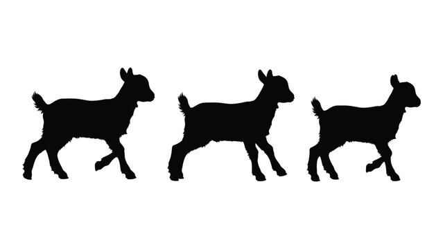 Silhouettes of three goats standing in a row against a white background