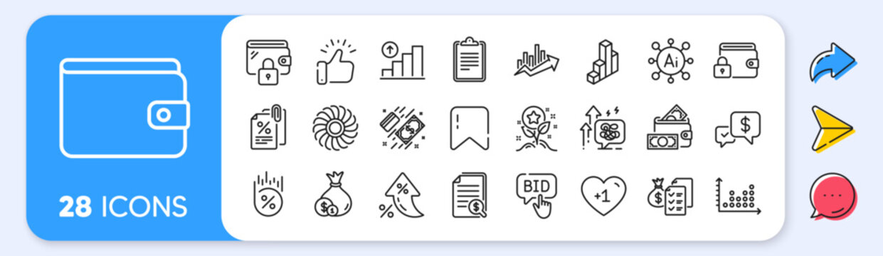 Loyalty points, Cash and Clipboard line icons. Interest rate, AI generate, Inflation icons. Pack of Money wallet, Dot plot, Payment icon. Vector