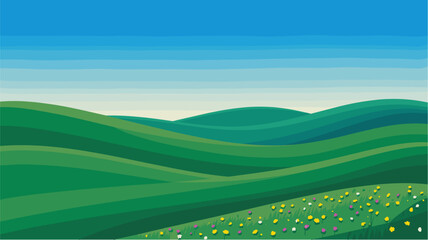 Obraz premium Vibrant green rolling hills under a clear blue sky with wildflowers