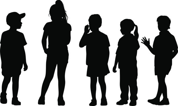 Black silhouette children standing in row, diverse posture illustration, minimalistic kids artwork, creative child figures, educational design, playful youth concept