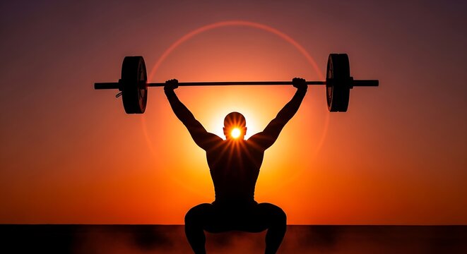A muscular male weightlifter performing a heavy barbell lift (likely a clean or front squat).