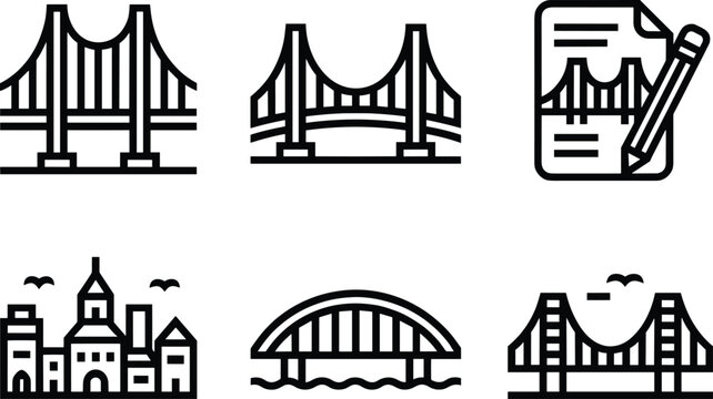 Bridge and cityscape icons, suspension bridge silhouette, arched bridge graphic, urban skyline design, architectural vector artwork, planning documentation symbol