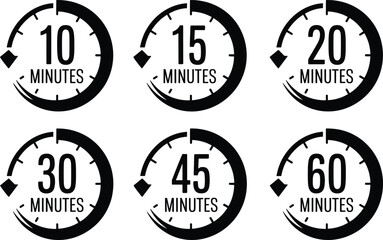 Obraz premium Circular timer icons, countdown clock symbols, black outline time indicators, minutes duration graphics, scheduling design elements, time management illustration, vector interface icons