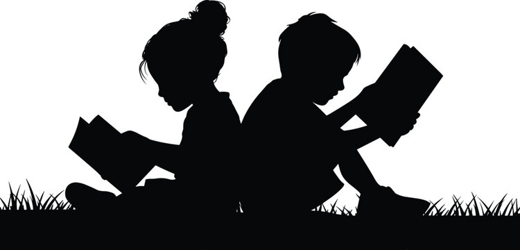 Children reading books silhouette illustration, educational artwork, childhood learning design, peaceful study moment, literary culture symbol, academic knowledge graphic