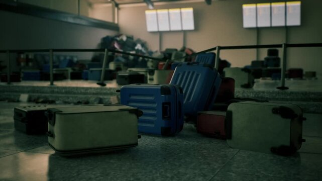 An abandoned airport terminal features scattered luggage left behind in a dark, desolate environment, highlighting the remnants of travel and lost destinations.