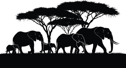 Elephant family silhouette illustration, African wildlife artwork, savanna nature vector design, animal herd graphic, acacia tree symbol © Retu