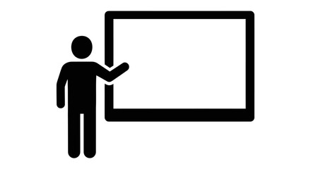 Stick figure person presenting on a blank screen, representing teaching, business presentations, or educational content, isolated white background.