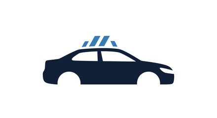 Dark blue silhouette of a police car with flashing lights, representing law enforcement and security services, isolated white background. © paijo