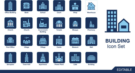Professional Building Icon Set Featuring Editable Vector Symbols for Real Estate, Government Offices, Schools, Banks, Religious Sites, Landmarks, Infrastructure, Urban Planning, and Commercial 