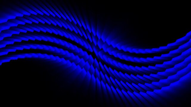 Blue glowing 3d rectangular segments forming a futuristic wave pattern on dark background