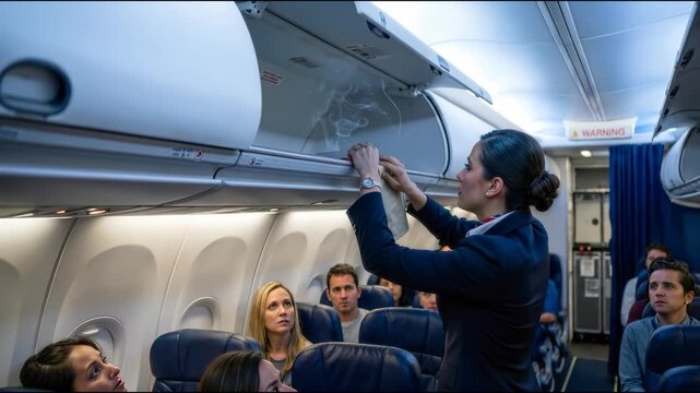 Flight attendant extinguishing by special fireproof bag a burning power bank in an overhead bin during an emergency on board.