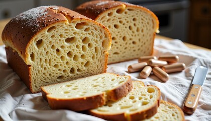 Sliced Homemade Artisan Bread Featuring a Crusty Golden Crust with Fluffy Interior Accompanied by Supplement Capsules on a Wooden Kitchen Table