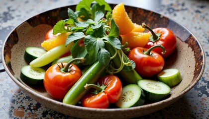 A Rustic Bowl of Fresh Vibrant Vegetables Featuring Lush Red Tomatoes, Crisp Green Cucumbers, and Bright Orange Slices Garnished with Fresh Greenery in Natural Light