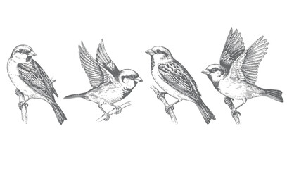 Vintage hand drawn sparrow bird perched on branch in detailed engraving ink sketch. © Joydeb